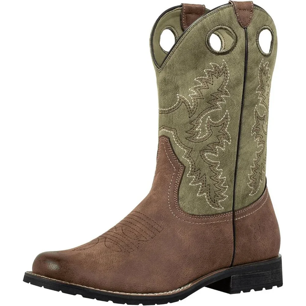 ⚡Men's Brown Cowboy Boots Round Toe Work Boot Slip On Pu Leather Embroidered